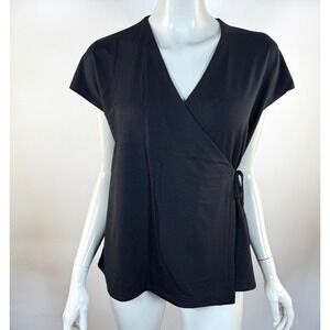 EILEEN FISHER Fine Jersey Wrap Top Women PS EUC Short Sleeve Vneck Stretch Black